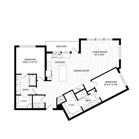Floor plan for 2 beds, 2 baths, 1454 sqft